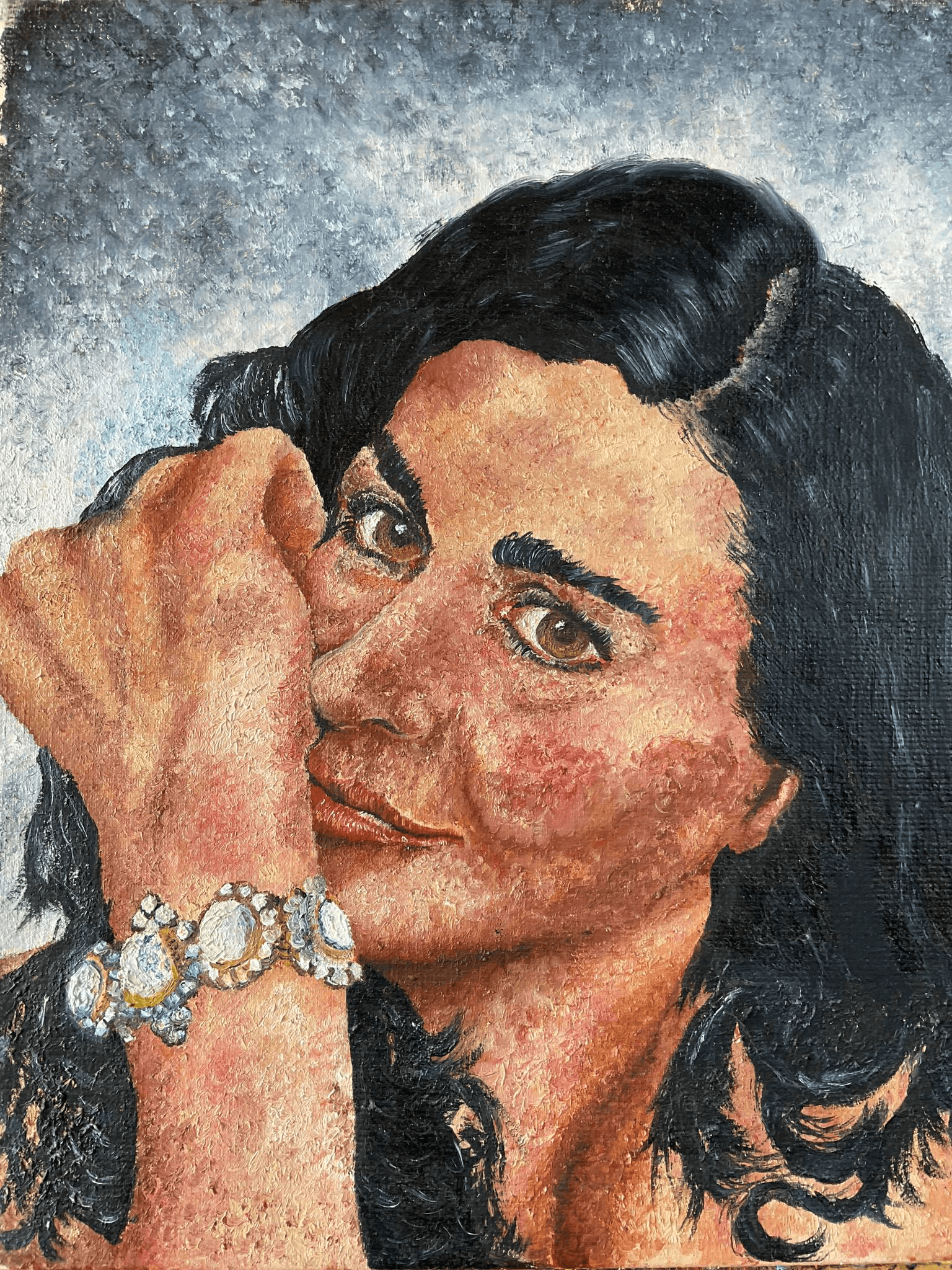 Johan Henrik Karlsen, Cecilia Bartoli med armbånd, 33 * 41 cm, olie på lærred, 2012. Pris 6.000 kr.