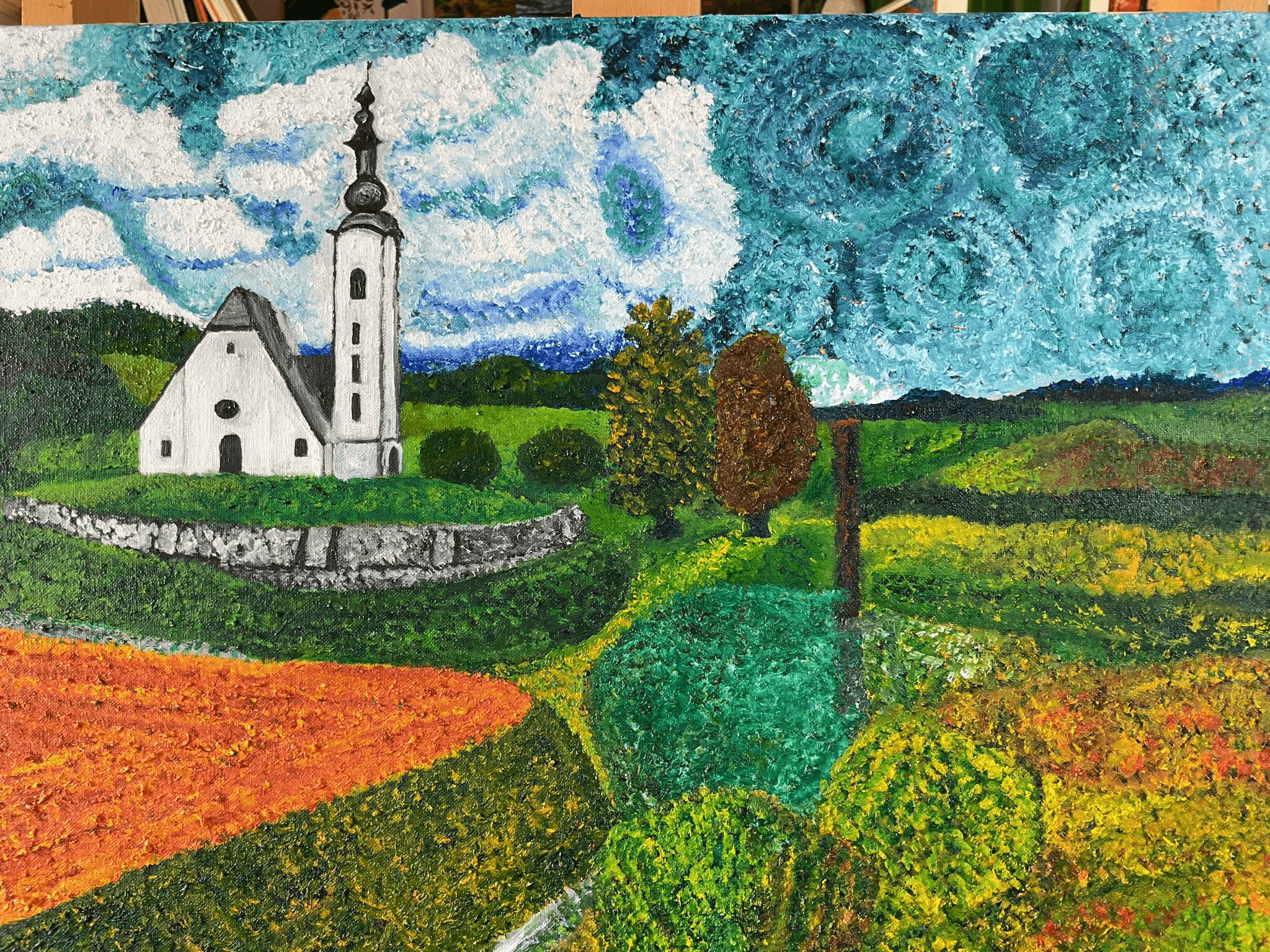 Johan Henrik Karlsen, Kappel am Krappfeld set fra toget, 40 * 50 cm, olie på lærred, 2024. Pris 8.000 kr.