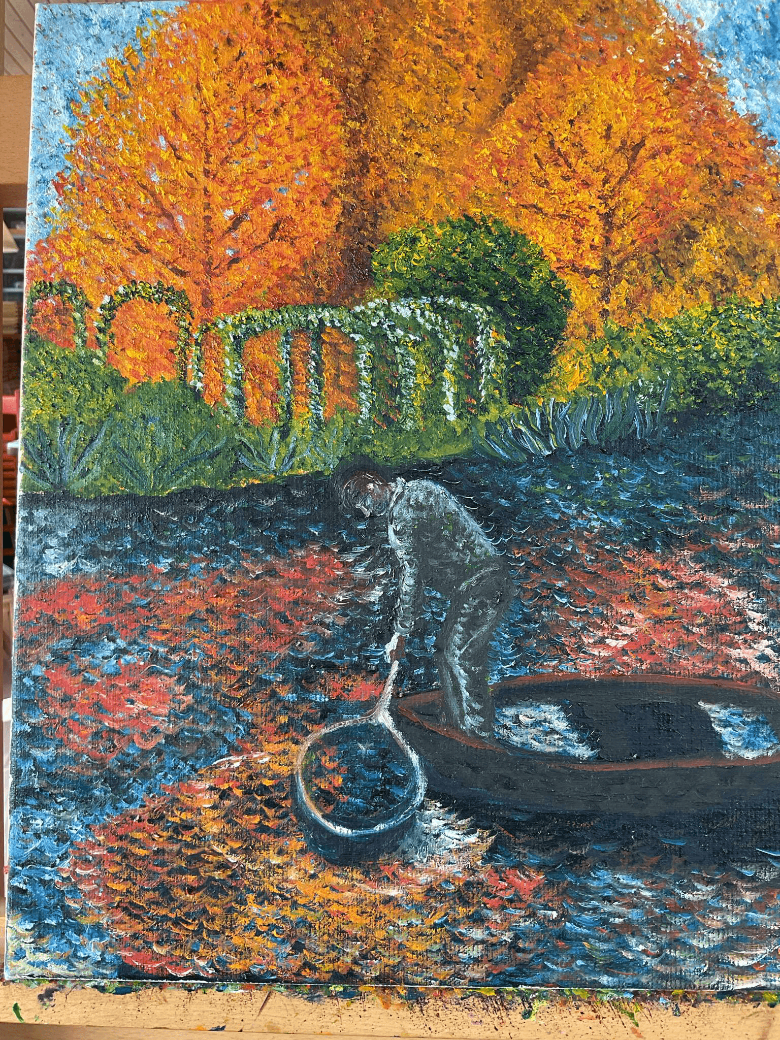 Johan Henrik Karlsen, Monets gartner stående i båd i Monets sø i Giverny, 41 * 33 cm, olie på lærred, 2018. Pris 7.000 kr.