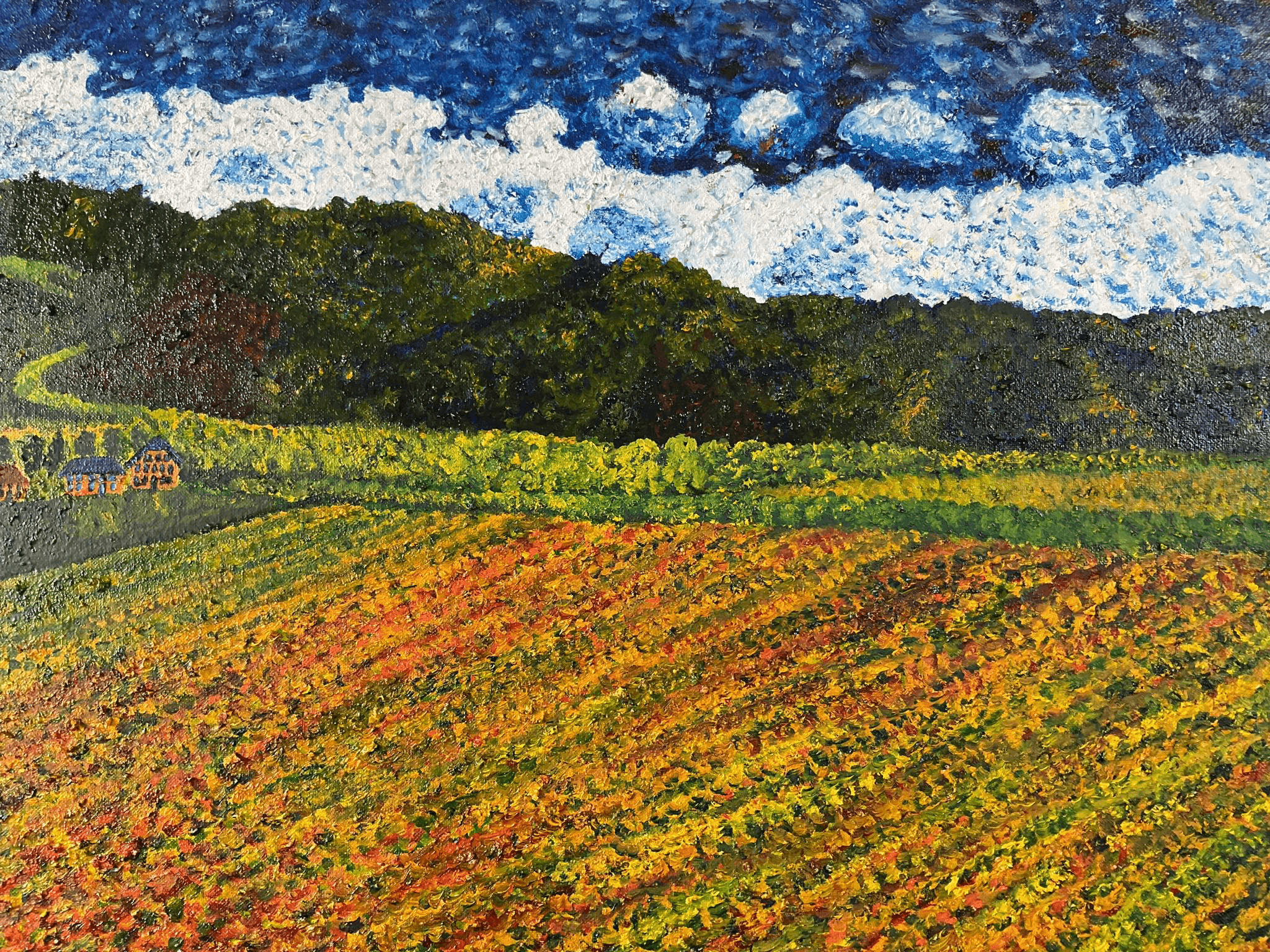 Johan Henrik Karlsen, Marker og træer ved Friesach set fra toget, 40 * 50 cm, olie på lærred, 2025. Pris 7.000 kr.