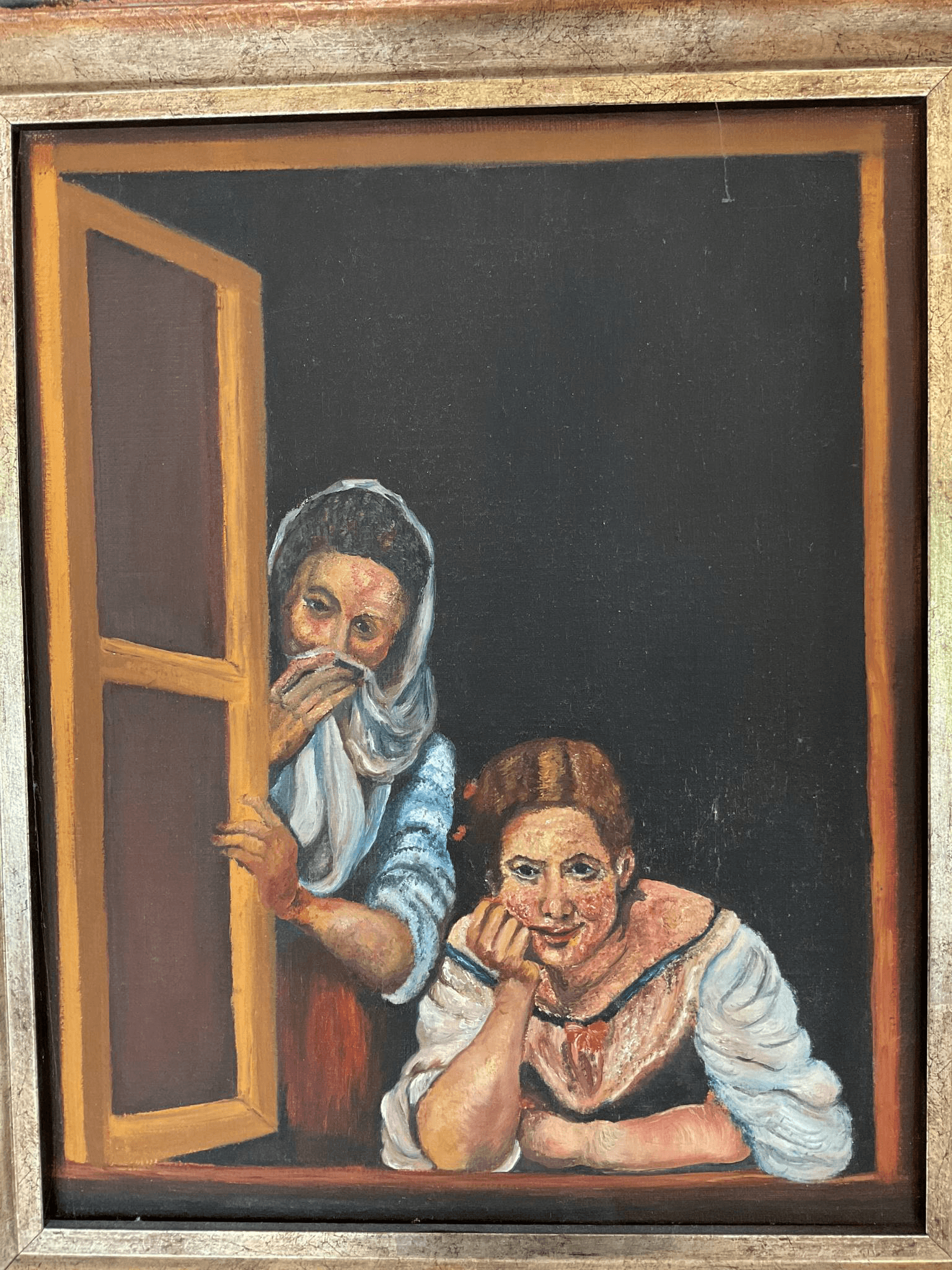 Johan Henrik Karlsen, To leende kvinder kigger ud af vinduet på dig (hommage a Morillo), 41 * 33 cm, olie på lærred, 2010. Pris 8.000 kr.